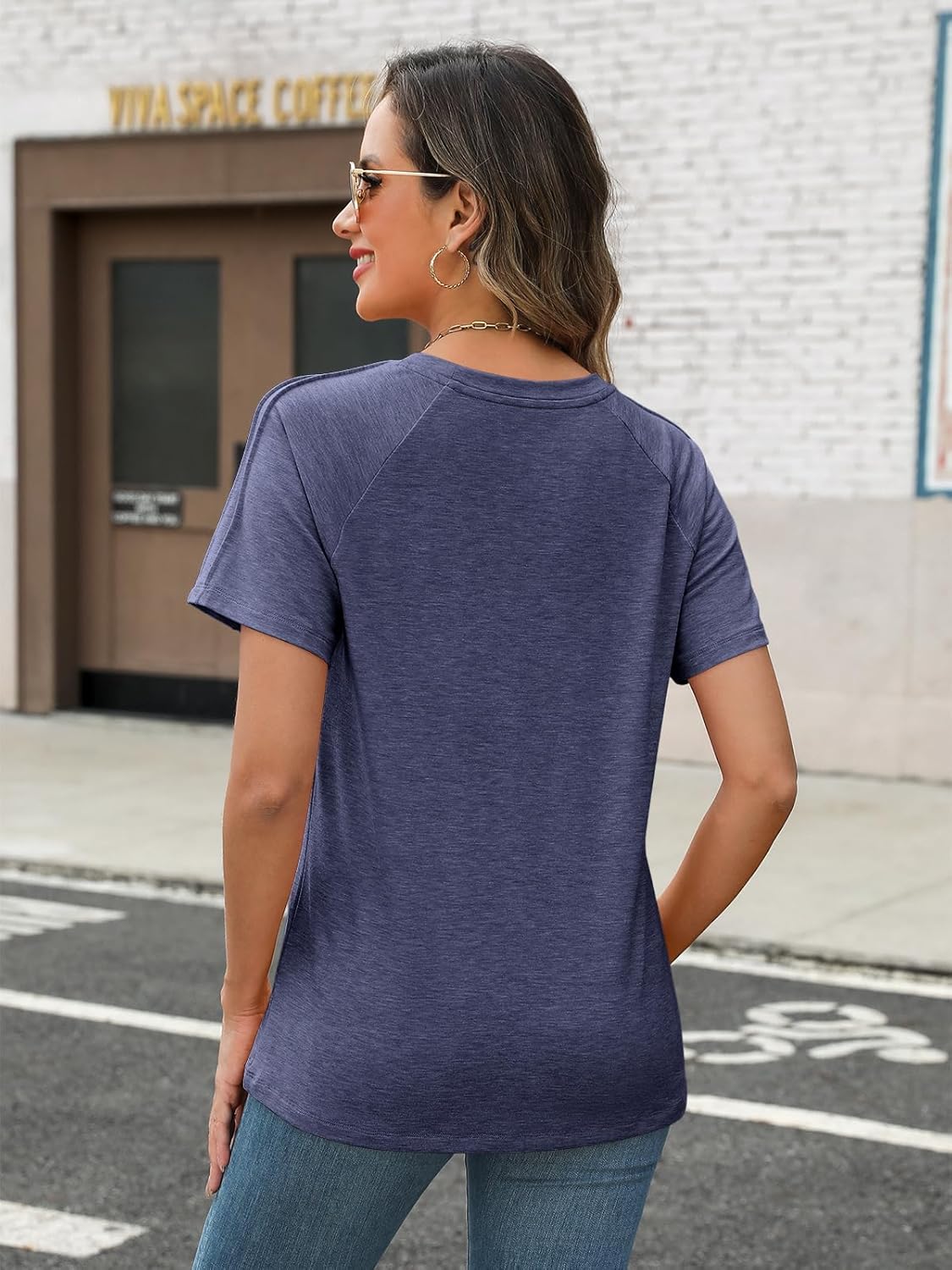 Women's Summer Short Sleeve Tops Crewneck Pleated T Shirts Casual Tees