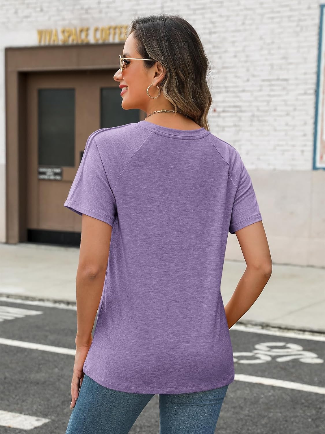 Women's Summer Short Sleeve Tops Crewneck Pleated T Shirts Casual Tees