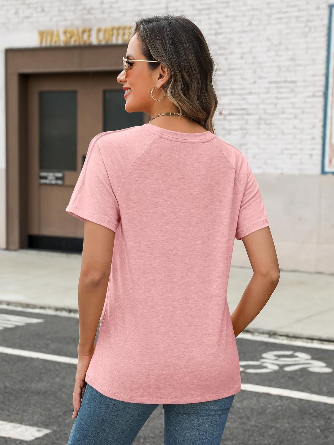 Women's Summer Short Sleeve Tops Crewneck Pleated T Shirts Casual Tees