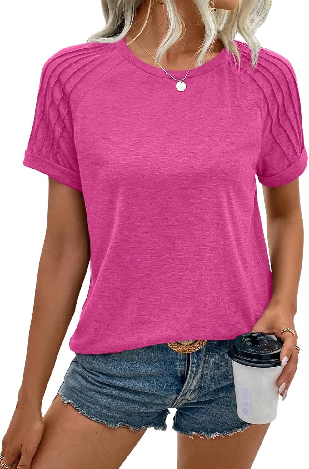 Women's Summer Short Sleeve Tops Crewneck Pleated T Shirts Casual Tees