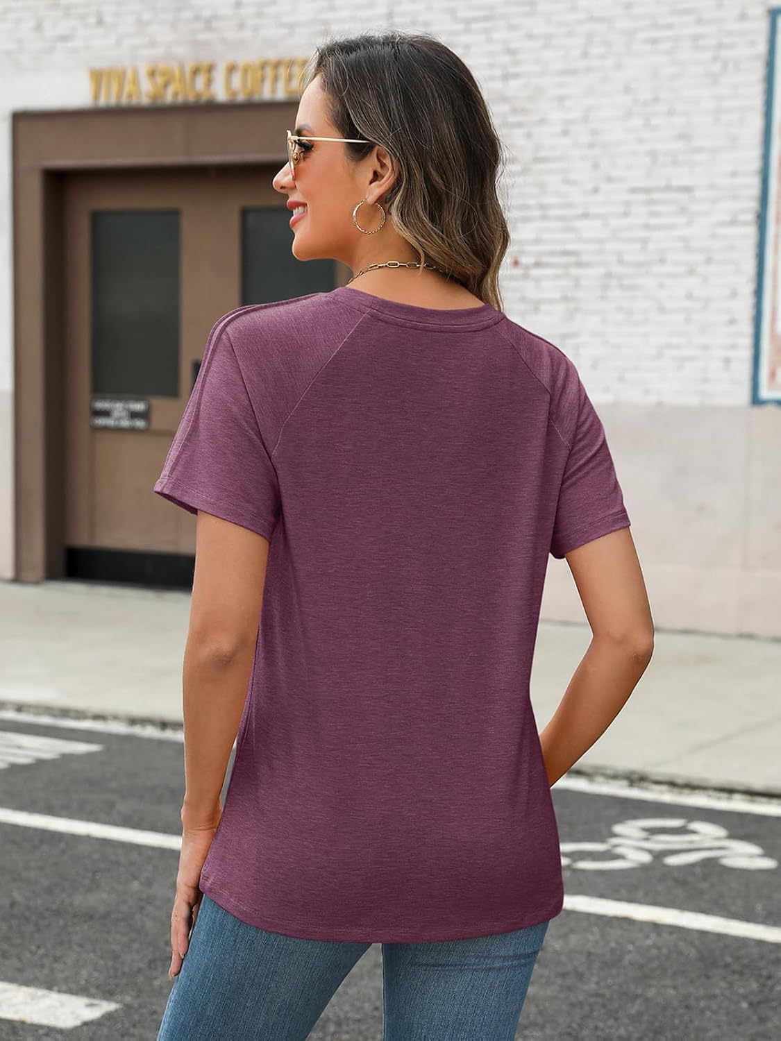 Women's Summer Short Sleeve Tops Crewneck Pleated T Shirts Casual Tees