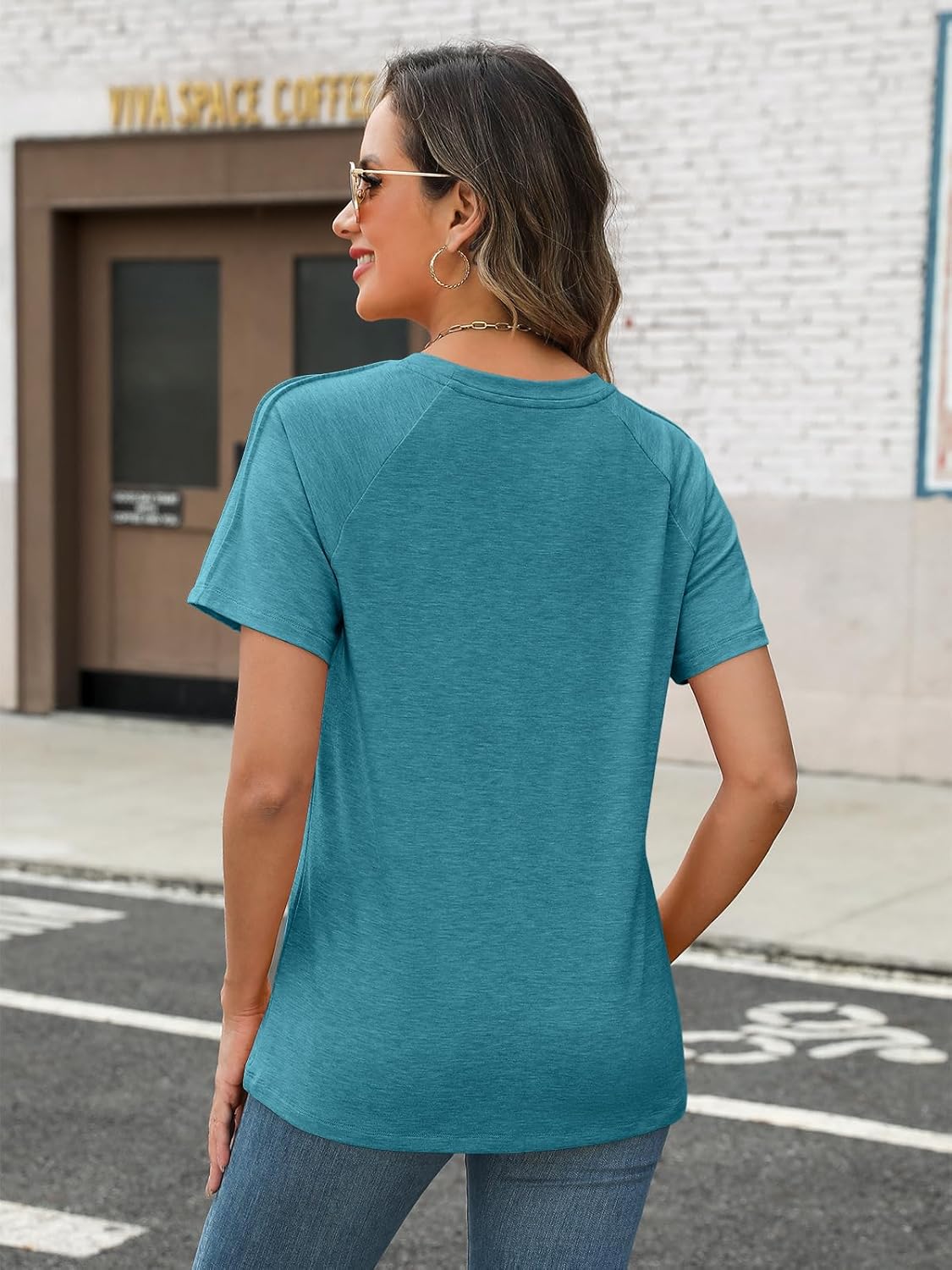 Women's Summer Short Sleeve Tops Crewneck Pleated T Shirts Casual Tees